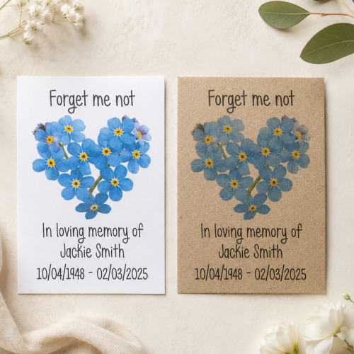 Personalised In Loving Memory funeral seed packets with Forget Me Not flower heart design