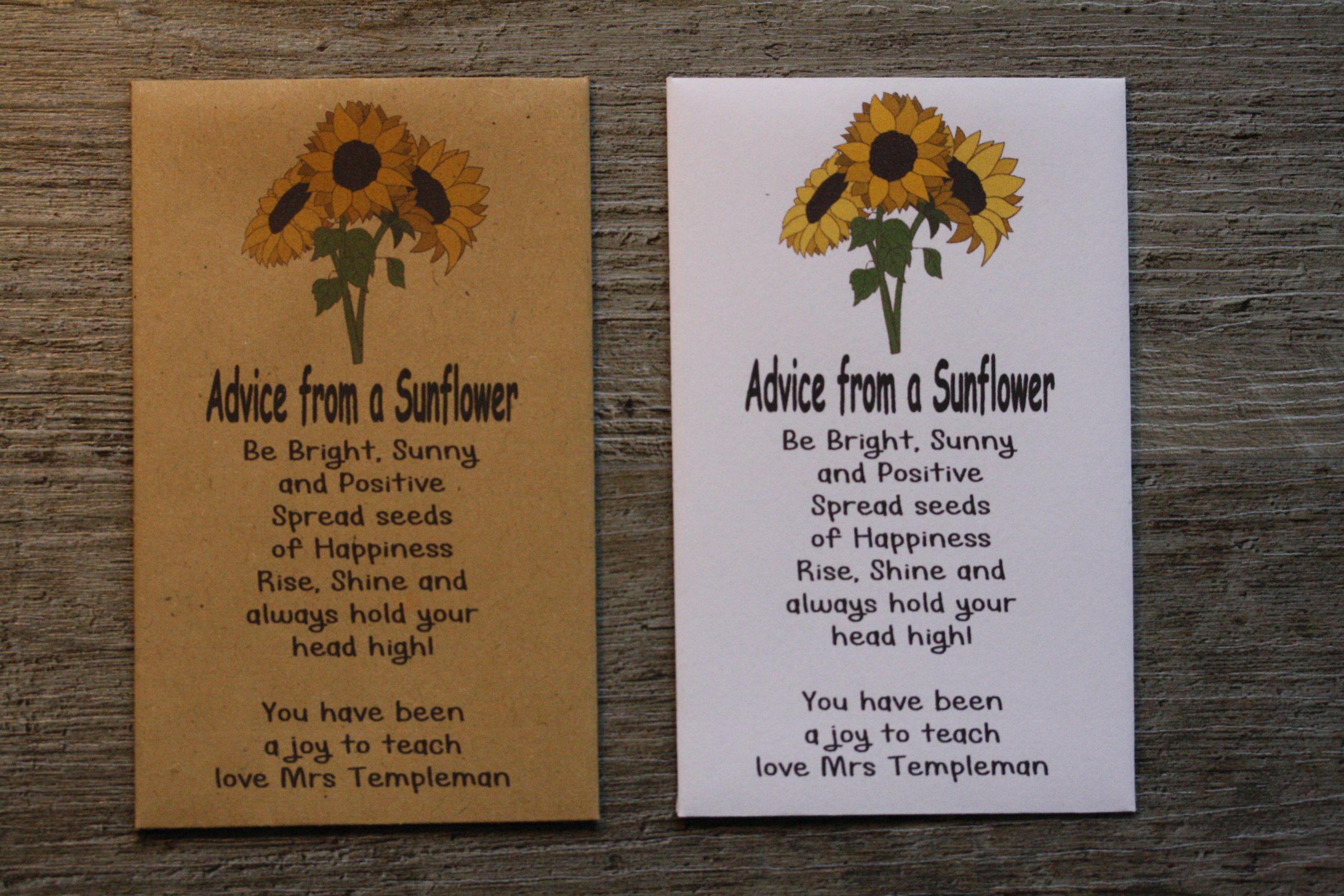 Advice from a Sunflower Teacher Student Personalised Envelopes Seed Packets Favours
