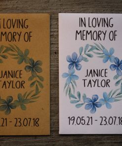Funeral Forget Me Not Blue Wreath Personalised Envelopes Seed Packets Favours