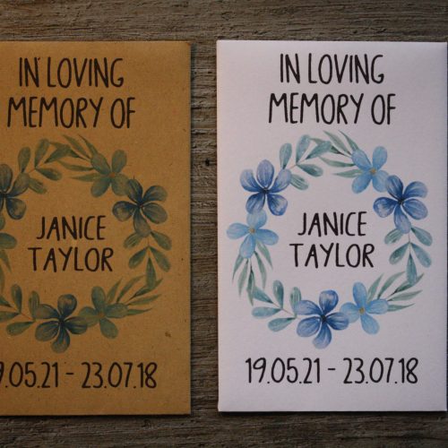 Funeral Forget Me Not Blue Wreath Personalised Envelopes Seed Packets Favours