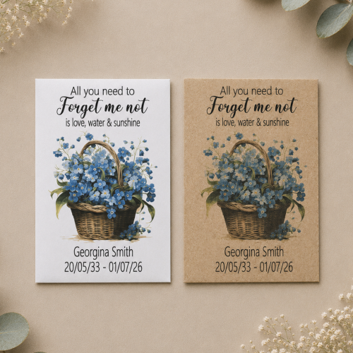 Personalised Forget Me Not funeral seed packets with basket of blue flowers in white and kraft envelopes