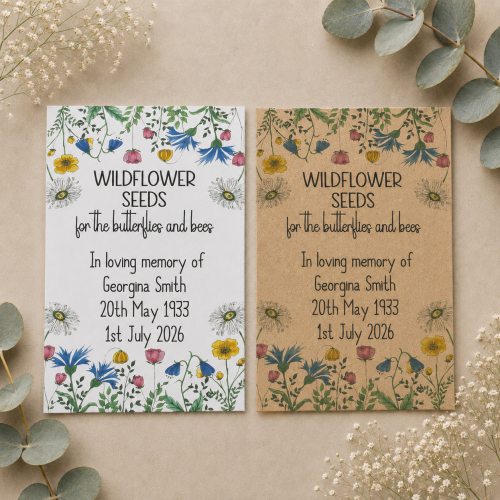 Personalised wildflower memorial seed packets in white and kraft envelopes with colourful floral design
