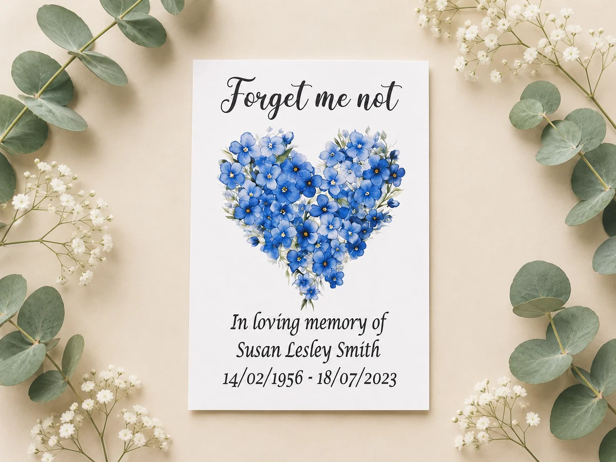 Personalised Remembrance Seed Packet Favours 2 Personalised remembrance seed packet favour featuring a blue Forget Me Not floral heart.