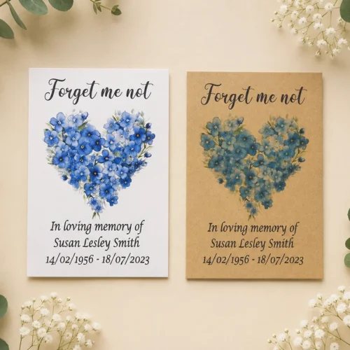 White and kraft personalised remembrance seed packet favours displayed together.