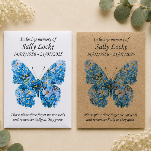 Personalised butterfly funeral seed packets with Forget Me Not flower butterfly design in white and kraft envelopes