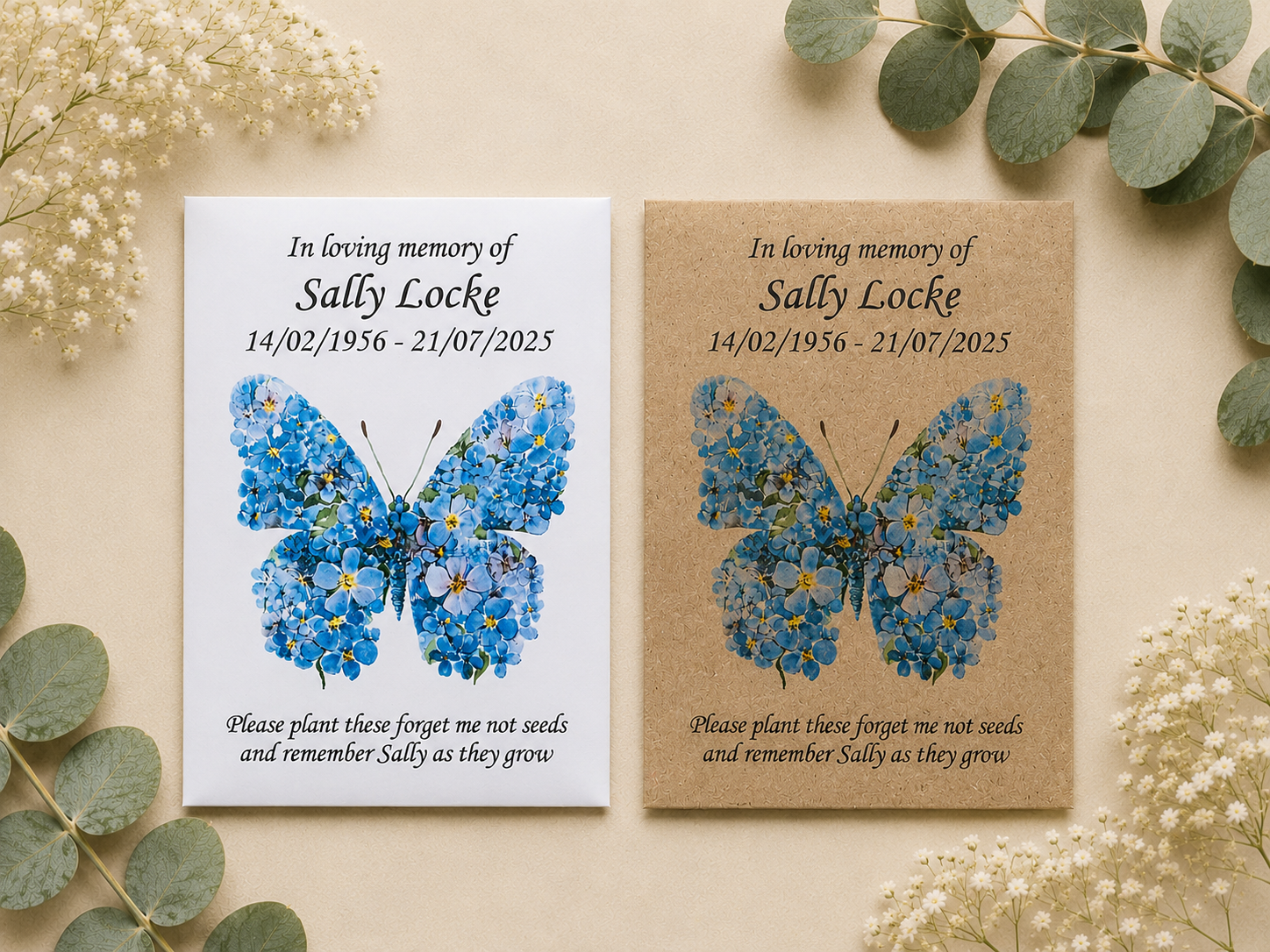 Personalised butterfly funeral seed packets with Forget Me Not flower butterfly design in white and kraft envelopes