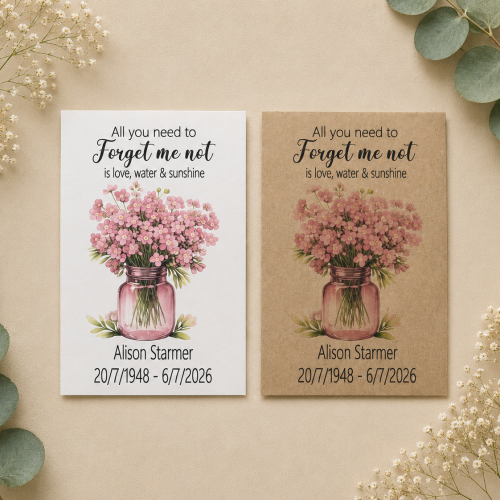 Personalised Pink Forget Me Not memorial seed packets in white and kraft envelopes