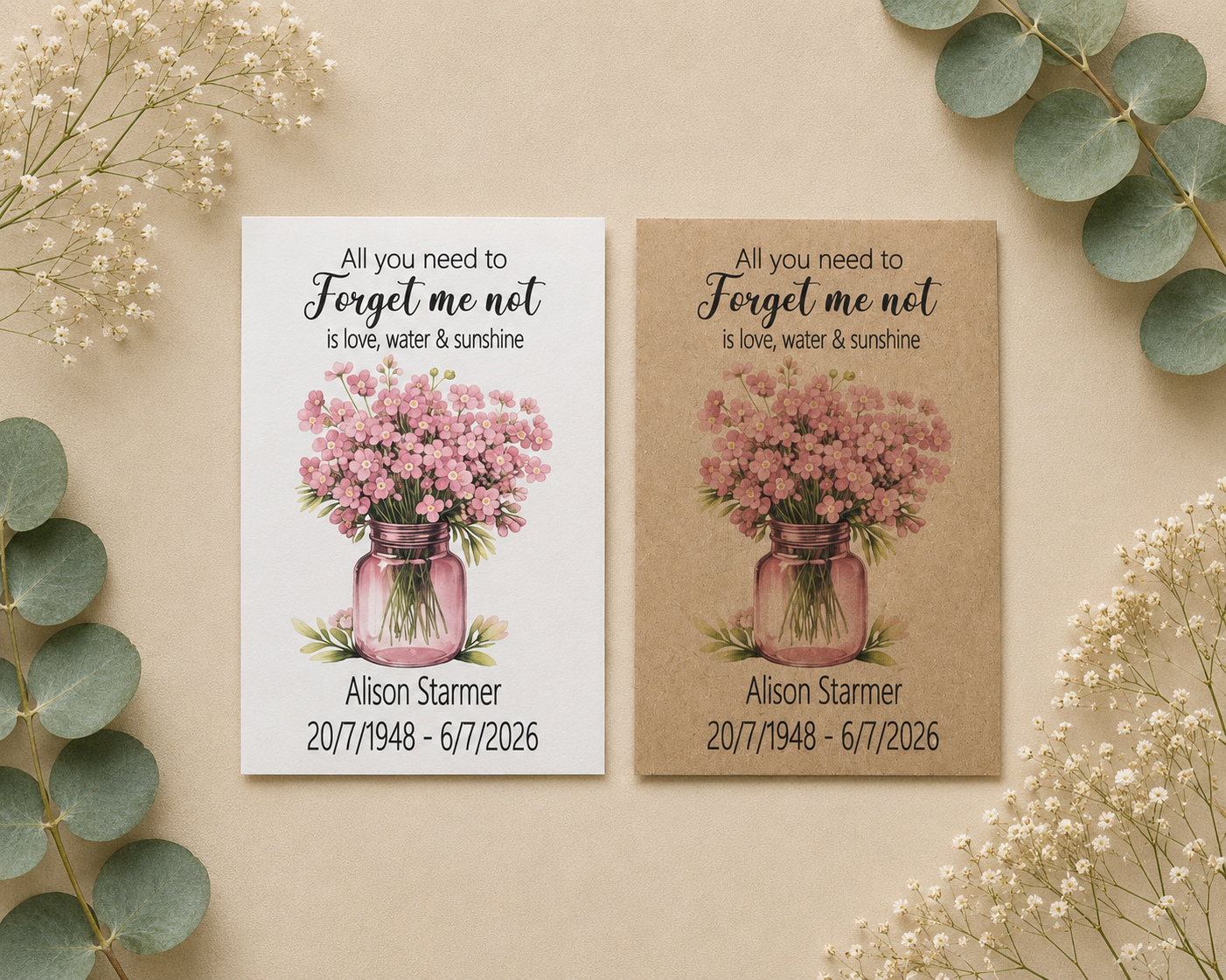 Personalised Pink Forget Me Not memorial seed packets in white and kraft envelopes