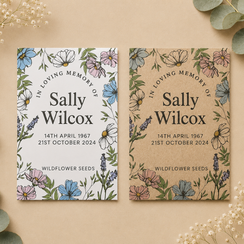 Personalised wildflower memorial seed packets in white and kraft envelopes with botanical floral design