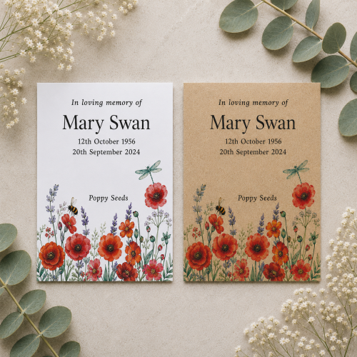 Personalised poppy memorial seed packets in white and kraft envelopes