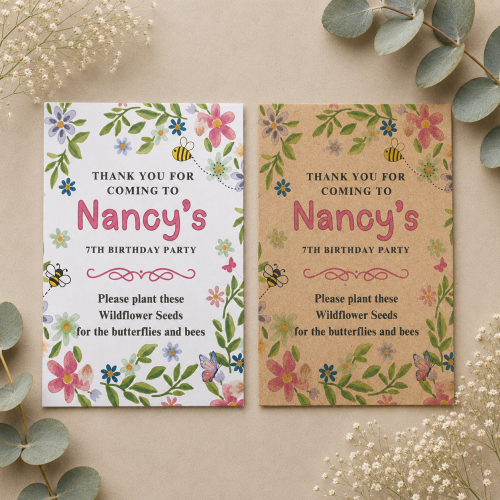 Personalised birthday wildflower seed packets in white and kraft envelopes
