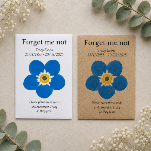 Personalised Forget Me Not flower funeral seed packets with memorial wording in white and kraft envelopes
