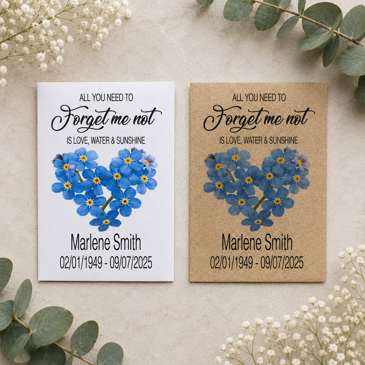 Personalised Forget Me Not funeral seed packets with memorial wording in white and kraft envelopes