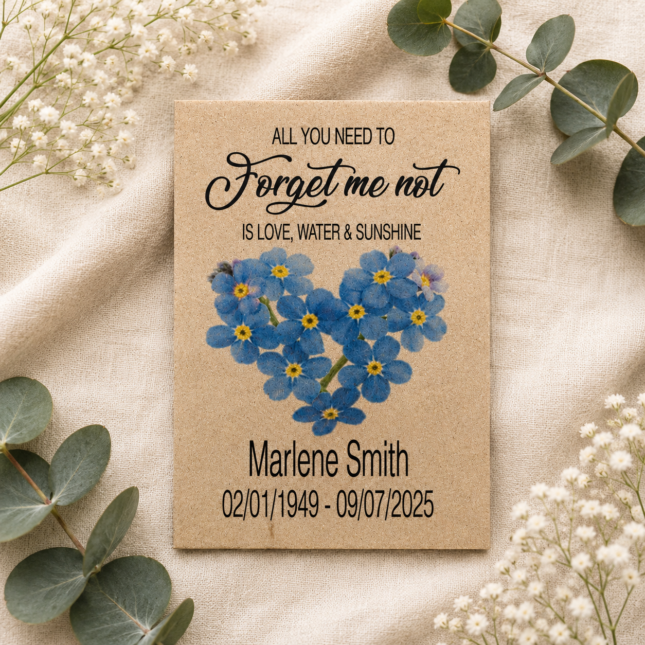 Personalised Forget Me Not Funeral Seed Packets – Heart Design - Image 3