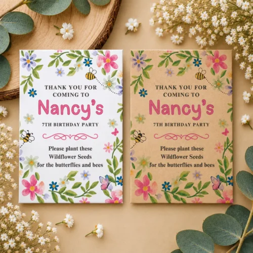 Personalised birthday wildflower seed packets in white and kraft brown, featuring colourful floral designs and bees.