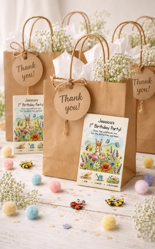 white 1st birthday party seed packets personalised with the name jessica 