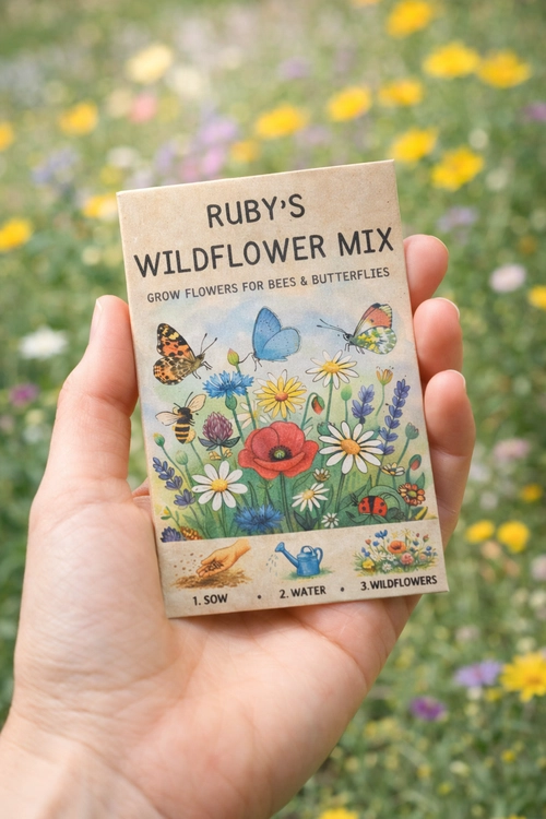 brown personalised packet shown in hand with the text rubys wildflower mix for the butterflies and bees