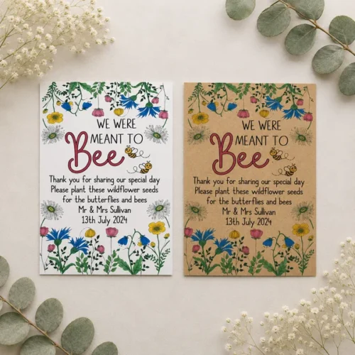 brown and white meant to bee wedding seed packets on a eucalyptus background