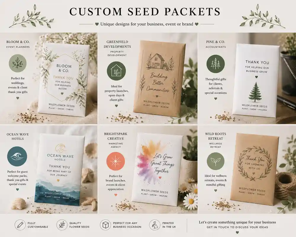 custom seed packets collage showing a set of brown and white personalised packets