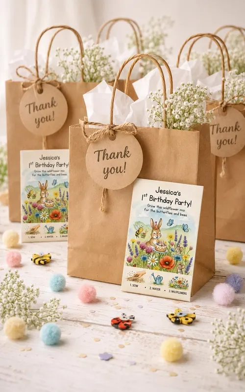 white 1st birthday party seed packets personalised with the name jessica