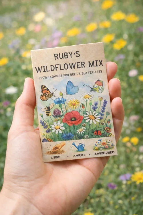 brown personalised seed packets shown in hand with the text rubys wildflower mix for the butterflies and bees