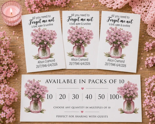 3 packets of funeral forget me not seed favours
