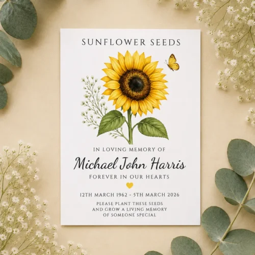 a sunflower personalised seed packet featuring a sunflower and text