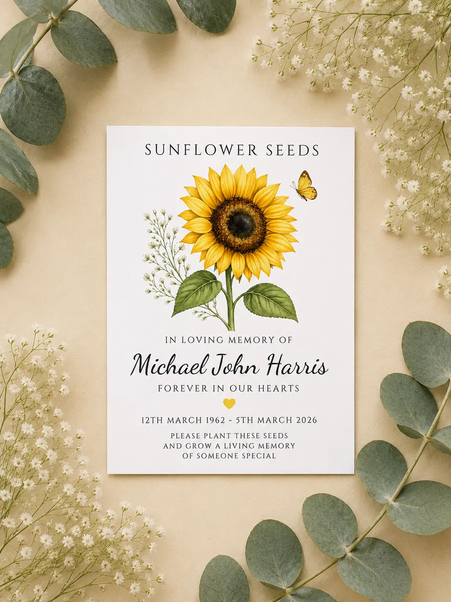 Personalised Sunflower Funeral Seed Packets 1 a sunflower personalised seed packet featuring a sunflower and text