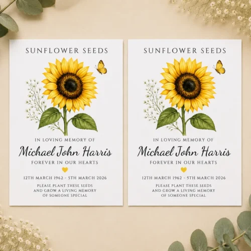 sunflower seed packets for funeral set of 2 personalised sunflower seed packets with eucalyptus background