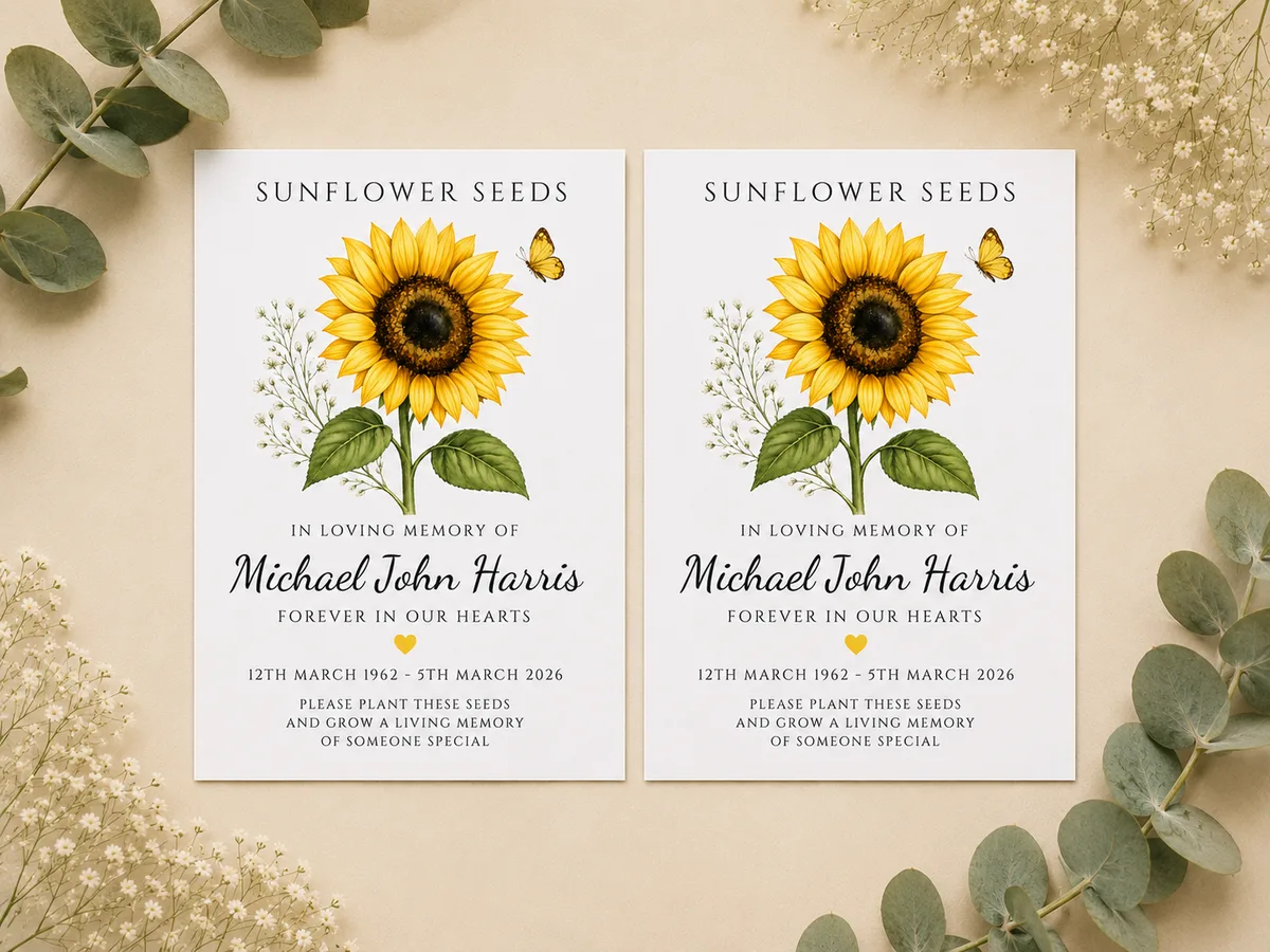 Personalised Sunflower Funeral Seed Packets 2 set of 2 personalised sunflower seed packets with eucalyptus background