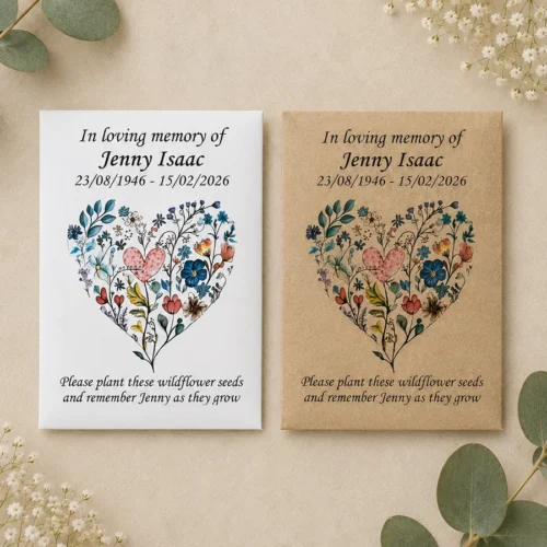 White and kraft personalised wildflower funeral seed packets displayed side by side.