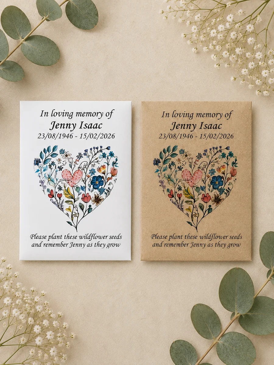 Personalised Wildflower Heart Funeral Seed Packets 1 White and kraft personalised wildflower funeral seed packets displayed side by side.