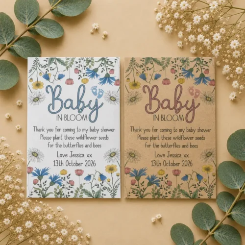 Personalised Baby in Bloom wildflower seed packets in white and kraft brown with floral designs, displayed side by side.