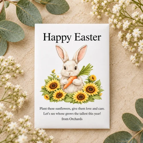 White personalised Easter sunflower seed packet with a bunny holding a carrot, surrounded by yellow sunflowers, displayed on a neutral botanical background.