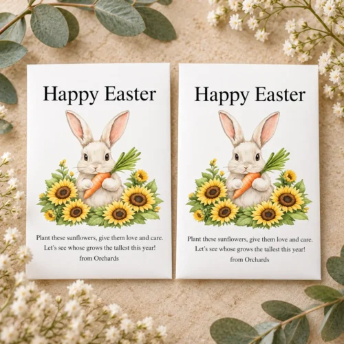 Two white personalised Easter sunflower seed packets featuring a cute bunny and sunflower design, perfect for children's Easter gifts and party favours.