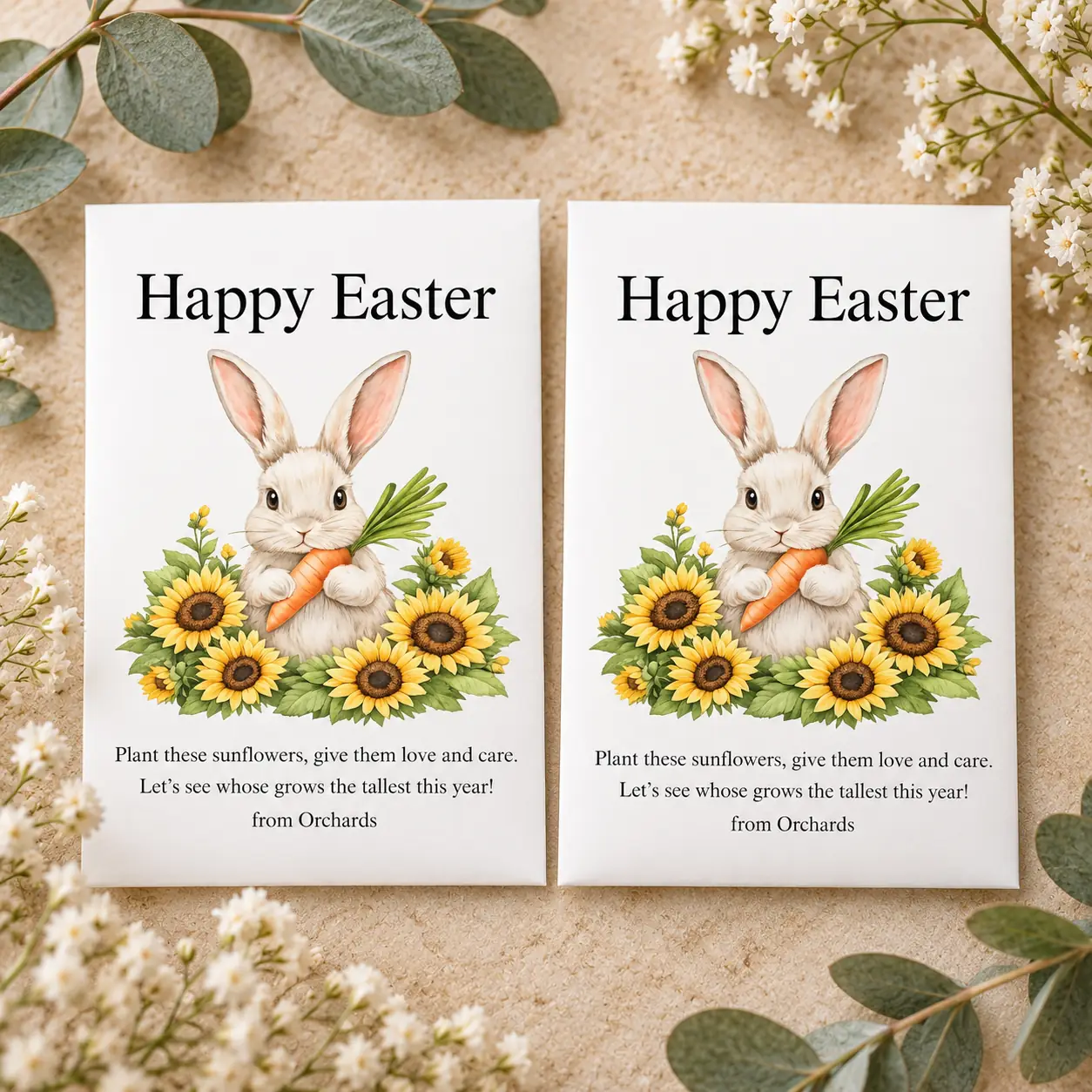 Two white personalised Easter sunflower seed packets featuring a cute bunny and sunflower design, perfect for children's Easter gifts and party favours.