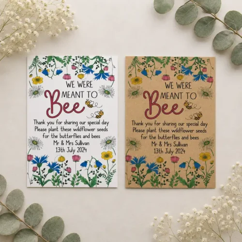 Personalised Wedding Seed Packets We Were Meant to Bee Wildflower Wedding Favours in kraft and brown envelopes