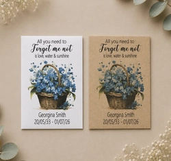 white and kraft seed packet featuring blue basket and text 