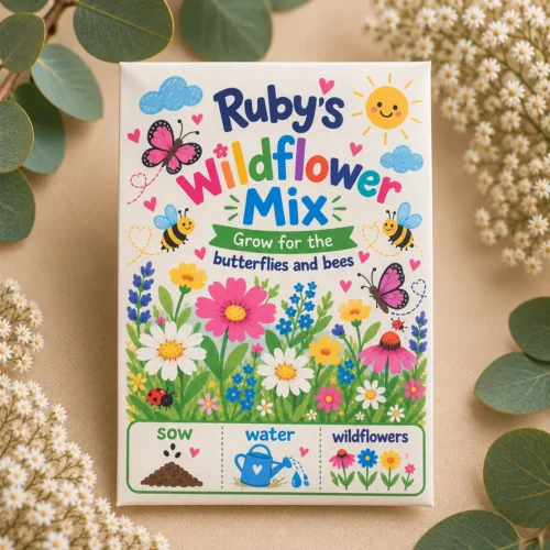Personalised Wildflower Mix Seed Packets White White personalised wildflower mix seed packet with colourful flowers, butterflies and bees on a beige botanical background.