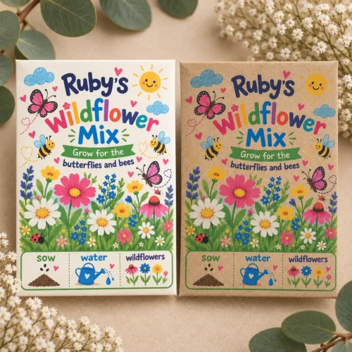 Personalised wildflower mix seed packets in white and kraft brown with colourful flower illustrations, butterflies and bees.